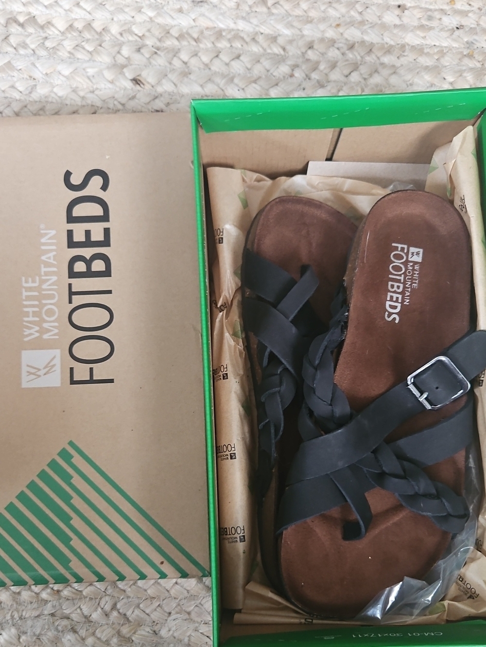 White Mountain Footbeds Harrington Black Genuine Leather NIB Sz8 Womens Sandals